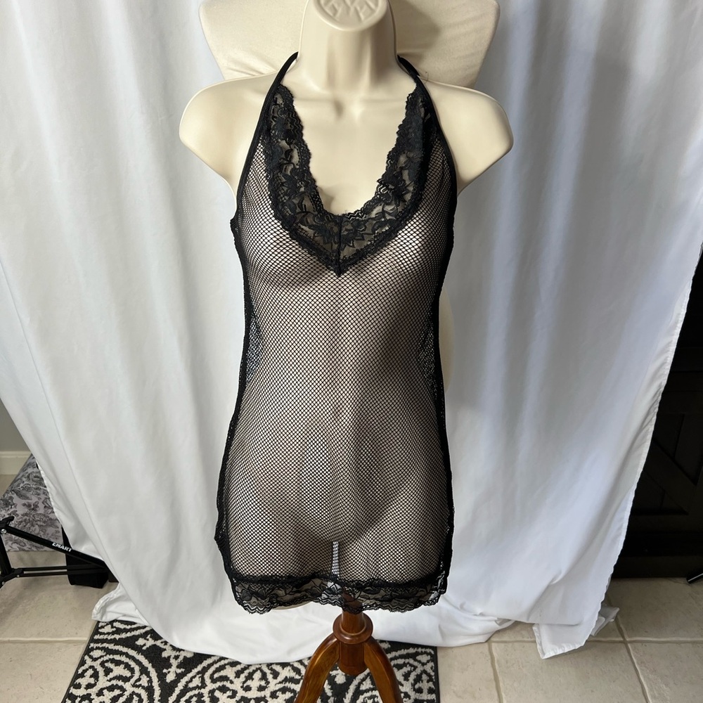 Hustler Black Fishnet Lace Trim Chemise – OS– Sheer Halter Lingerie